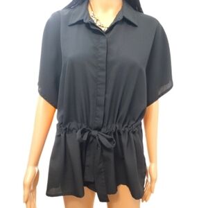Women's Black Cinched Waist Short Sleeve Top Button Down